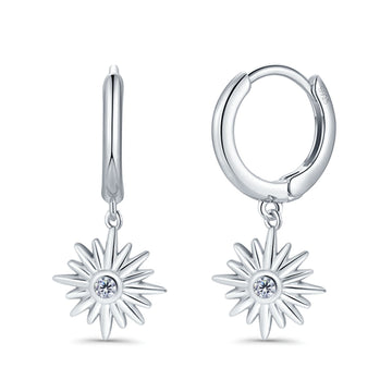 Starburst LeverBack Earrings Hoop Huggie Design Simulated CZ 925 Sterling Silver (40mm)